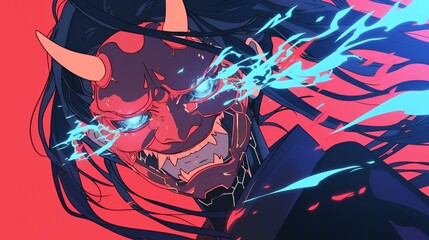 Fiery Demon Mask with Blue Energy