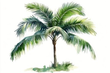 A watercolor painting of a palm tree with green leaves on a white background.