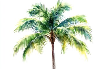 A watercolor painting of a single palm tree, with green leaves and a brown trunk, isolated on a white background.