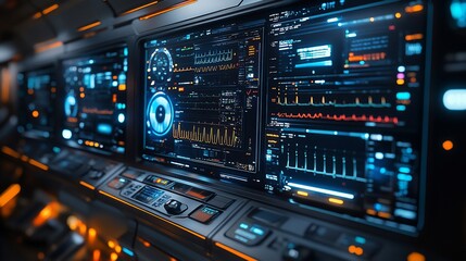 Obraz premium Futuristic spaceship cockpit interior with a glowing control panel full of digital readouts.