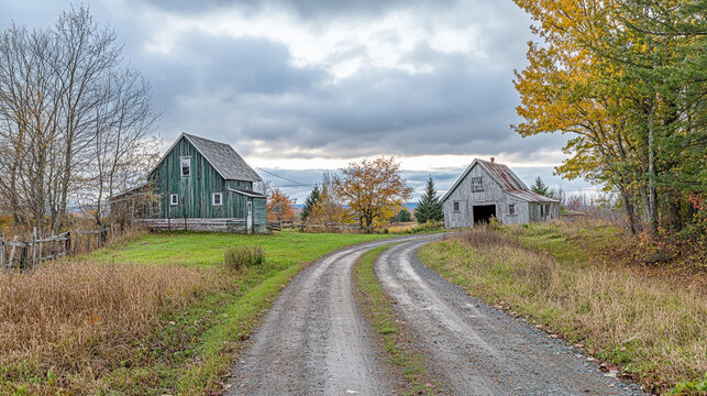 Rustic dirt road leading to two vintage barns amidst autumn foliage and cloudy skies