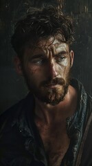 Obraz premium Intense Portrait of a Man with a Beard and a Thoughtful Expression