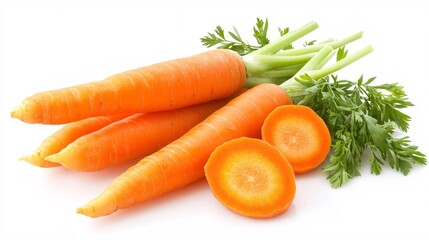 28.An assortment of whole carrots and carrot rounds arranged on a clean white background. The vibrant orange carrots are shown in both whole and sliced forms, with the sharp edges of the slices