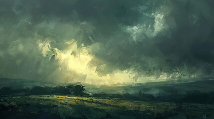 Fototapeta premium Thick, overcast sky with a slight hint of sunlight breaking through, creating a subtle, moody glow over the landscape