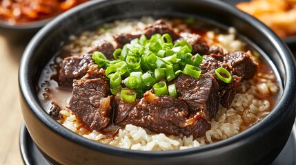 62.A close-up of a bowl of Galbi gukbap, featuring perfectly cooked short ribs and rice submerged in a clear, flavorful broth. The soup is garnished with green onions and served with a side of