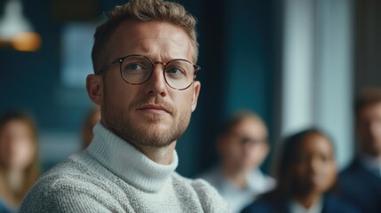 Fototapeta premium A thoughtful man in a sweater listens attentively in a group setting.