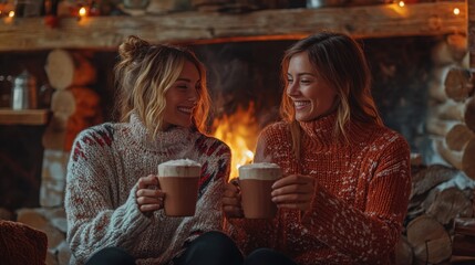 Two friends in sweaters drinking hot chocolate in front of a fireplace.