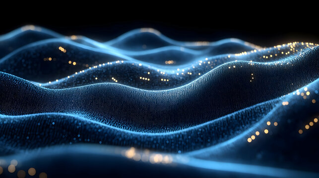 Abstract 3D Background with Wavy Blue Lines and Gold Lights