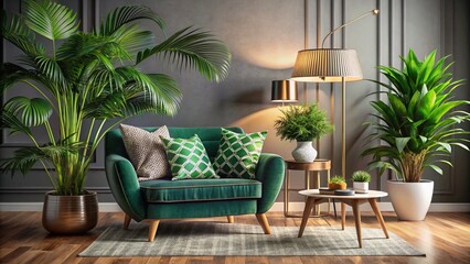 Cozy Living Room Interior Mockup Featuring Gray Velvet Armchair, Tropical Pattern Pillow, Green Plaid, Stylish Lamp, Coffee Table, and Lush Plants Against an Empty White Wall