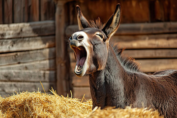 Donkey braying with open mouth in a barnyard