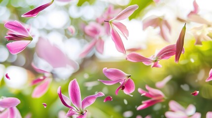 Flying Pink Petals Summer Flower Background - a vibrant and enchanting visual. The floating pink petals evoke a sense of summer joy and beauty, creating a lively and picturesque scene.