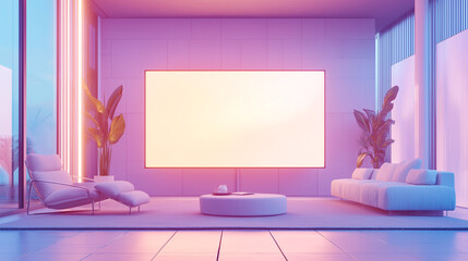 Modern interior with purple lighting, white furniture, and a blank canvas on the wall. Perfect for showcasing contemporary home decor and design.