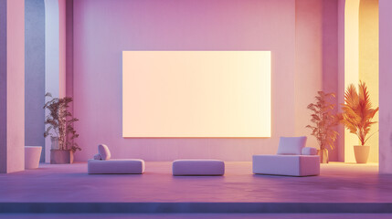 The modern living room at dusk with a large screen, neon lights, and minimalistic furniture. Perfect for contemporary home decor and design inspiration.