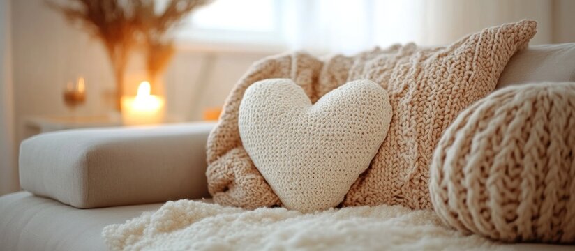 Cozy knitted heart shaped pillow on a sofa with a blanket.