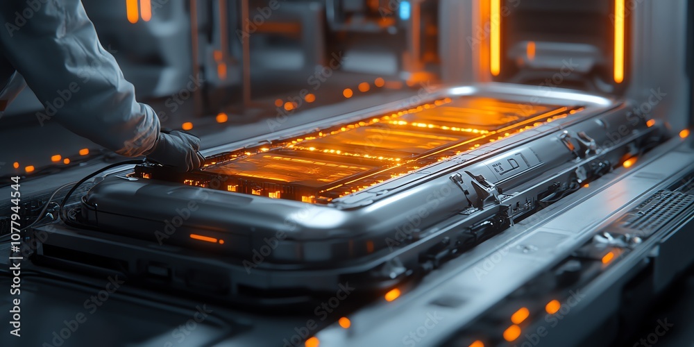 Aufkleber worker installing a glowing battery pack in a futuristic factory.