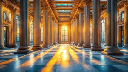 Naklejka premium Grand interior with columns illuminated by sunset light.