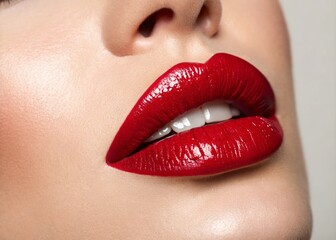 Fototapeta premium Cropped Image of Vibrant Red Lipstick Application Focused on Luxurious Texture and Glossy Finish for Beauty Product Photography