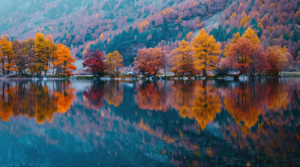 Wide landscape of a lake surrounded by vibrant autumn trees, the colors reflected in the still water, creating a stunning scene