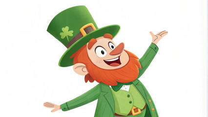 Joyful leprechaun raising his arms in excitement for St. Patrick's Day
