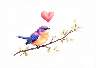 Obraz premium Colorful bird on branch with heart symbol above