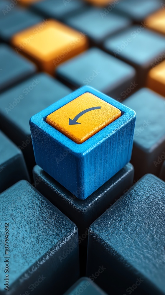 Aufkleber close-up of a blue and yellow keyboard key with a left arrow symbol.