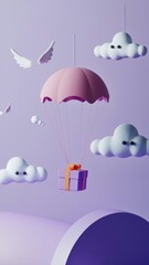 Whimsical Scene of Pink Hot Air Balloon and Gift Box on Purple Clouds