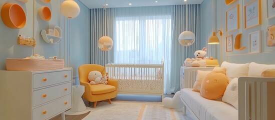 Modern baby nursery with white crib, yellow armchair, and white couch with plush pillows.