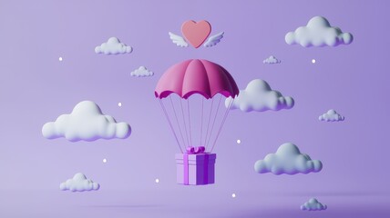 Obraz premium Floating Pink Umbrella with Purple Gift Box and Heart in Lavender Sky