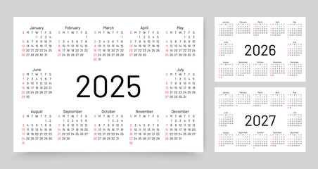 Calendar 2025, 2026, 2027 years. Calender templates. planer grid. Week starts Sunday. Planner layout with 12 months. Vector illustration. Desk diary in English. Landscape orientation. Paper size A4