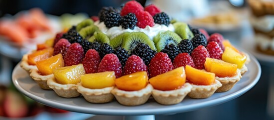 Close up of a fruit tart with raspberries, kiwi, blackberries, and whipped cream.