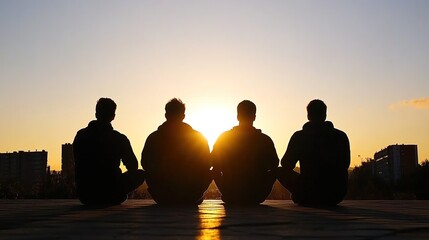 Silhouetted Friends Enjoying a Sunset Together on a Rooftop, Capturing Moments of Connection and Reflection Against a Scenic City Skyline