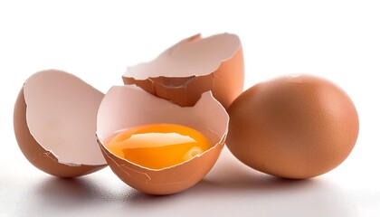 A cracked brown eggshell with a runny yolk, isolated on a white background