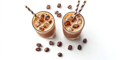 Two glasses of iced coffee with straws and coffee beans on a white background.