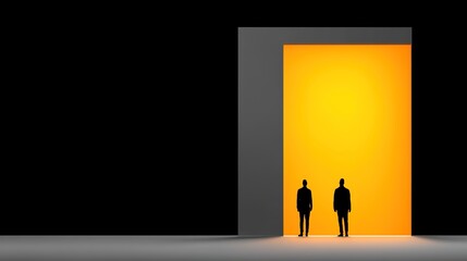 Obraz premium Two Silhouetted Figures Standing at the Entrance of a Bright Yellow Door Framed by Dark Surroundings, Representing Opportunity and Choices in Life