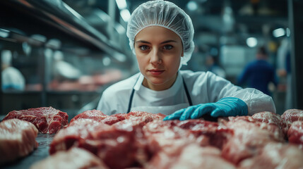 Woman inspecting fresh meat in industrial processing facility