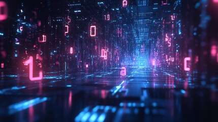 Fototapeta premium A digital landscape filled with glowing numbers, representing data flow and technology.