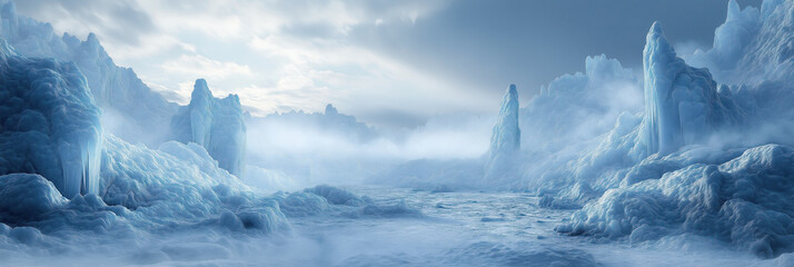 Fototapeta premium Mystical frozen landscape with towering ice formations under a cloudy sky