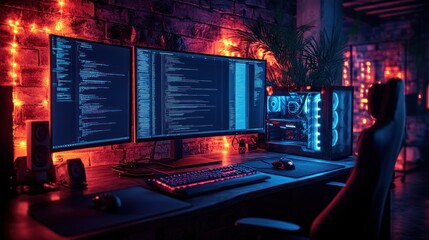 A vibrant gaming setup with dual monitors and RGB lighting.