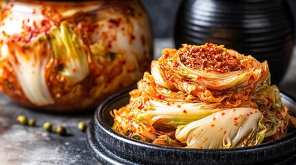 Fototapeta premium 83.A close-up top view of sliced Napa cabbage kimchi on a small dish, with large kimchi pieces in a traditional Korean black jar in the background. The bright red chili seasoning covering the cabbage