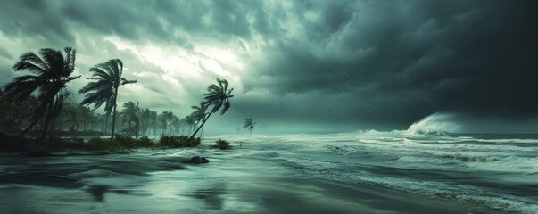 Stormy beach with palm trees, dramatic weather