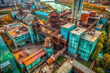 Drone Photography of Decaying Structures: A Visual Exploration of Rust and Time in Teal and Copper Hues Captured from Above, Showcasing Nature's Reclamation of Urban Spaces