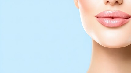 Naklejka premium Soft and Elegant Female Lips with Natural Pink Hue Against a Light Blue Background for Beauty and Cosmetic Advertisements