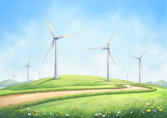 Fototapeta premium Wind turbines on green hills under blue sky