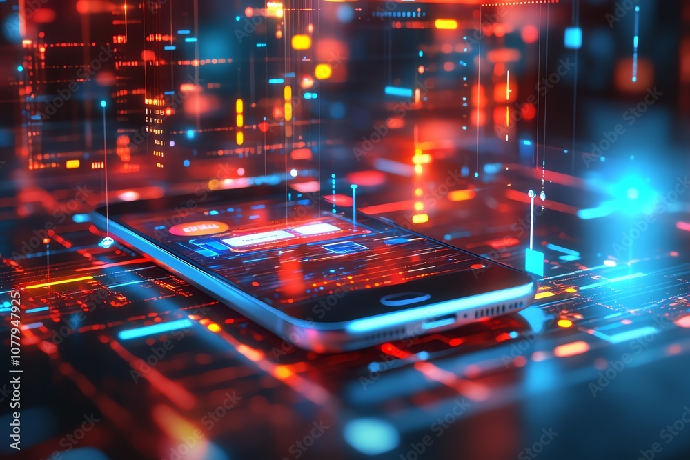 Poster a smartphone lies on a futuristic circuit board with glowing lines and lights.