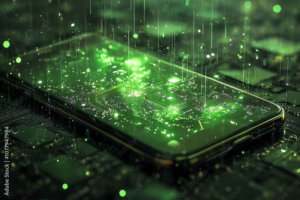 Poster a smartphone with a glowing green circuit board inside, with a digital rain falling on it.
