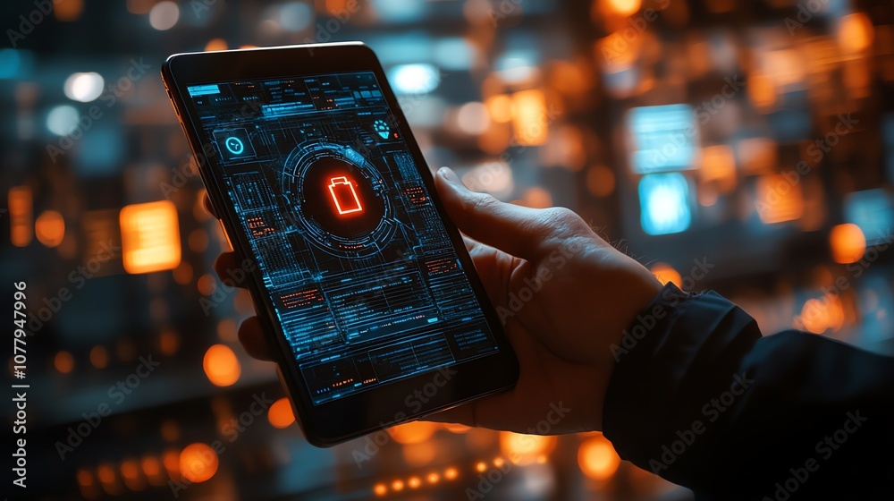 Poster a hand holds a smartphone with a low battery icon displayed on the screen, against a blurred backgro