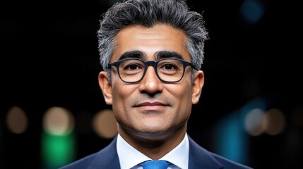 Professional Portrait of a Confident Businessman with Glasses in Formal Attire Against a Blurred Background