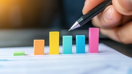 Colorful Graph with Sticky Notes Representing Data Points and Trends, Close-up View of Hand Holding Pen and Analyzing Information on Paper