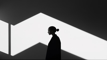 Stylish Silhouette of a Woman with Geometric Light Patterns on a Dark Background, Emphasizing Modern Minimalist Aesthetics in Fashion Photography for Editorial Use