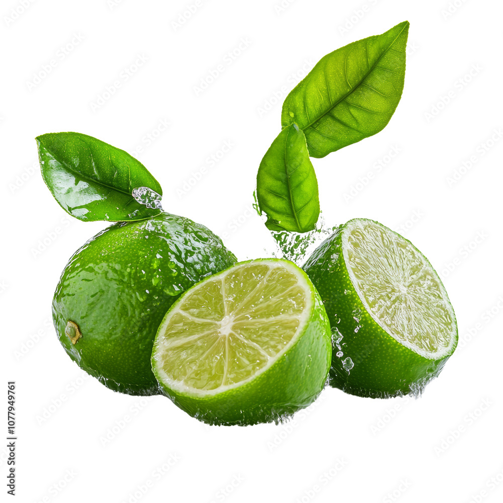 Poster fresh delicious limes splashing with leaves isolated transparent background